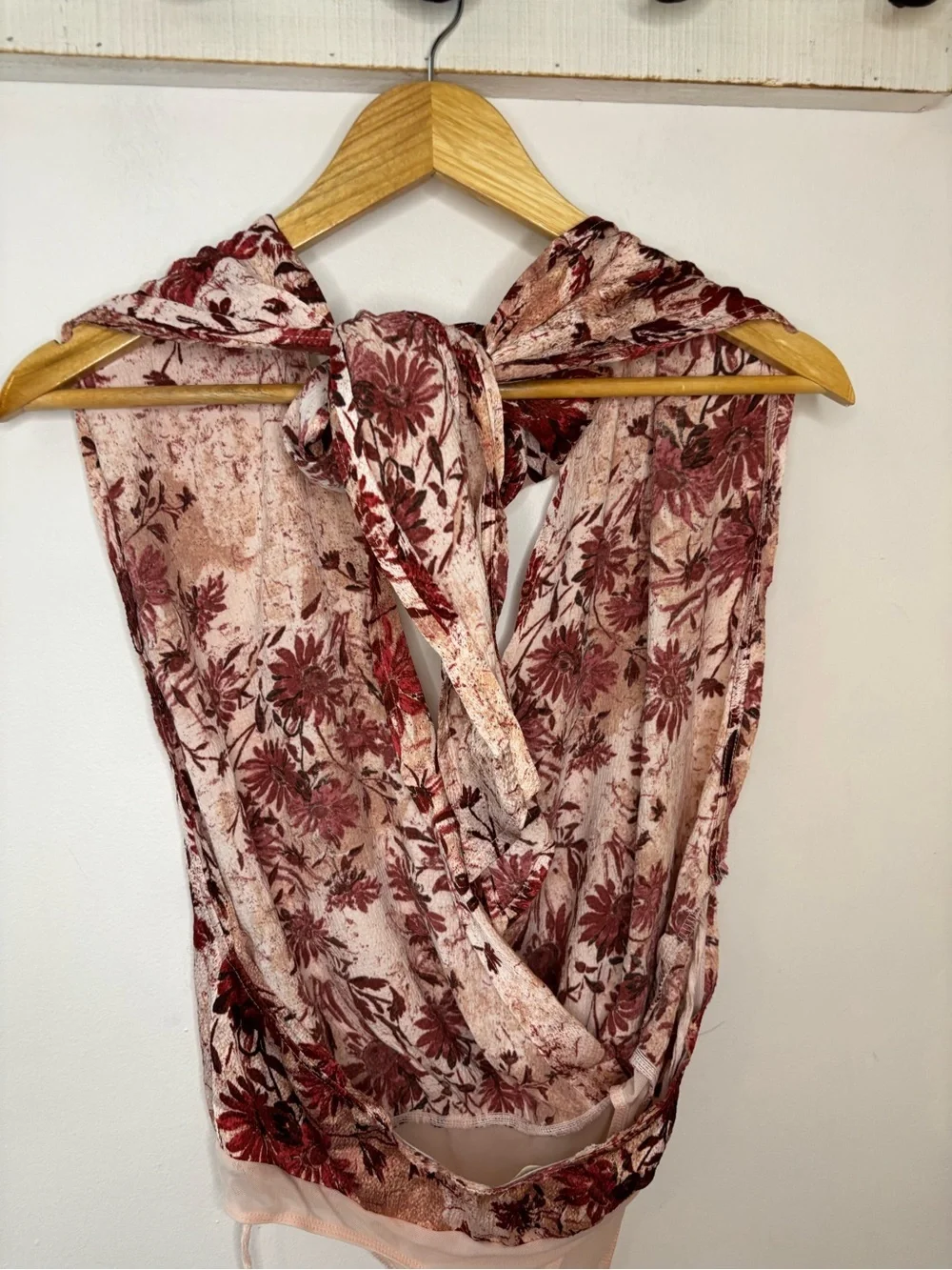 Free People There She Goes Floral Plunge Halter Top in Blush and Burgundy